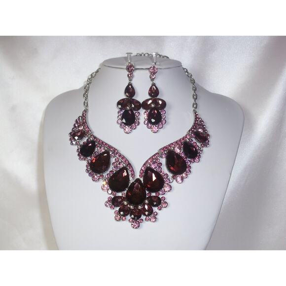 Purple necklace set, statement wedding MOB party prom formal ballroom necklace - Picture 1 of 6